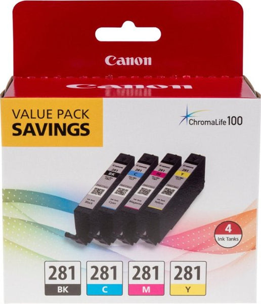 Original Canon CLI-281 Black/Cyan/Magenta/Yellow Standard Yield Ink Cartridge, 4/Pack (2091C005)