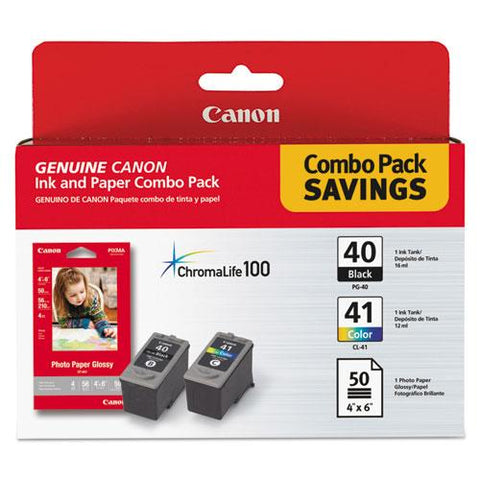 Original Canon 0615B009 (PG-40/CL-41) ChromaLife100+ Ink & Paper Combo Pack, Black/Tri-Color