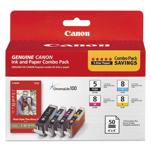 Original Canon 0628B027 (PGI-5/CLI-8) ChromaLife100+ Ink/Paper Combo, Black/Cyan/Magenta/Yellow