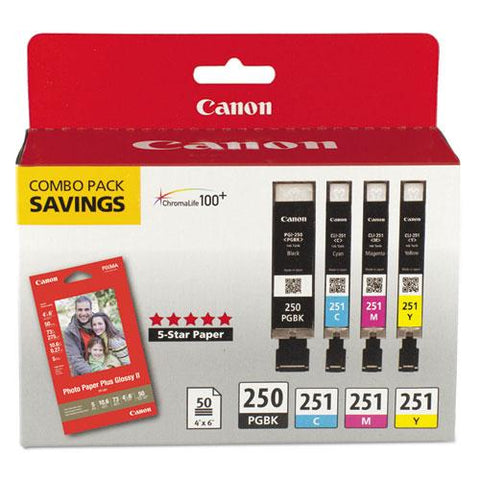 Original Canon 6497B004 (PGI-250; CLI-251) Ink & Paper Combo Pack, Black/Cyan/Magenta/Yellow