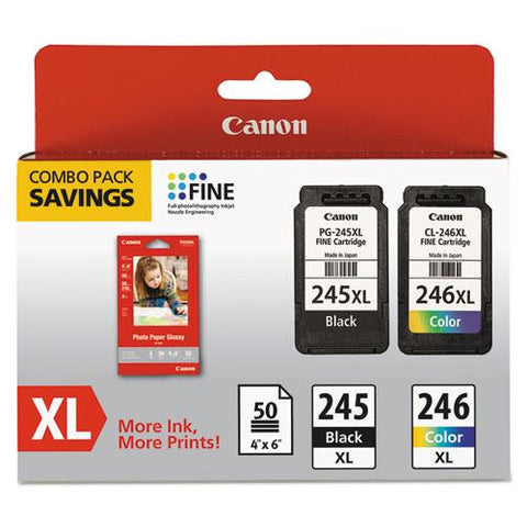 Original Canon 8278B005 (PG-245XL/CL-246XL) Ink & Paper Combo Pack, Black/Tri-Color