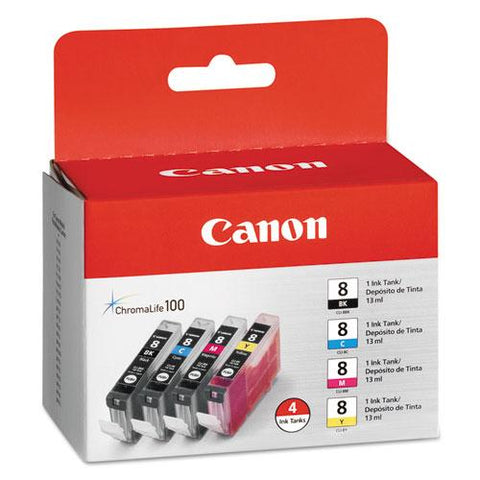 Original Canon CLI8 (CLI-8) Ink, Black/Cyan/Magenta/Yellow, 4/PK