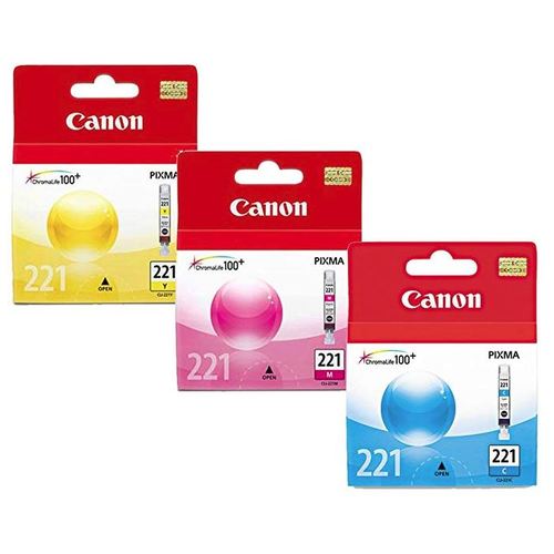 Original Canon 221 Cyan Ink Cartridge and Canon 221 Magenta Ink Cartridge Canon 221 Yellow Ink Cartridge, 3/Packs