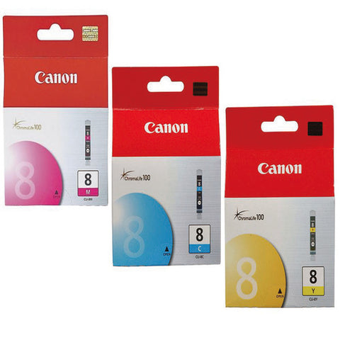 Original Canon 8 Cyan Ink Cartridge, 8 Magenta Ink Cartridge and  8 Yellow Ink Cartridge Color Bundle, 3/pk
